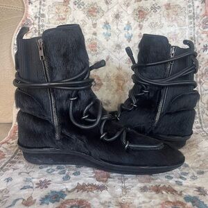 Balenciaga Black Lace Up Pony Hair Boots